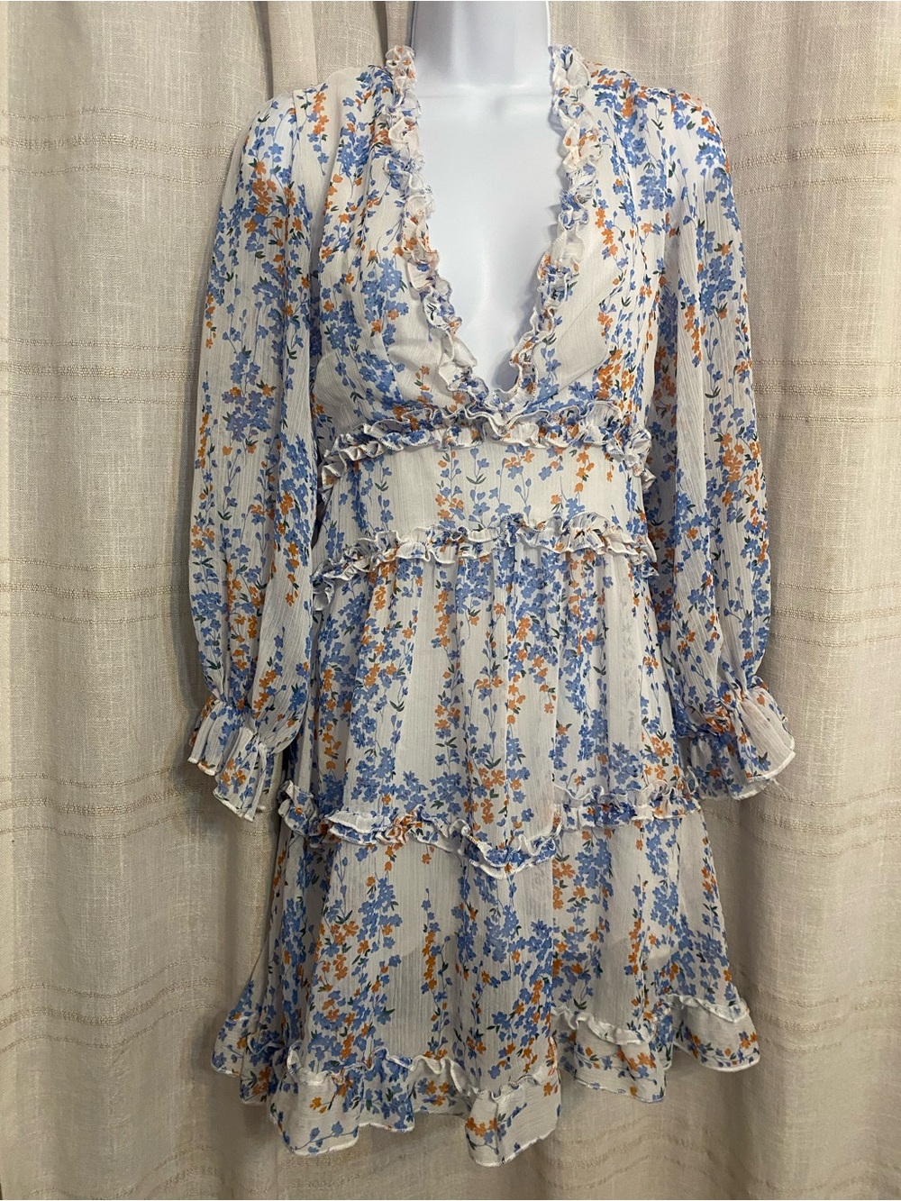 Chicwish Boho Tiered Ruffle Open Back Mini Dress Blue Orange Floral Small